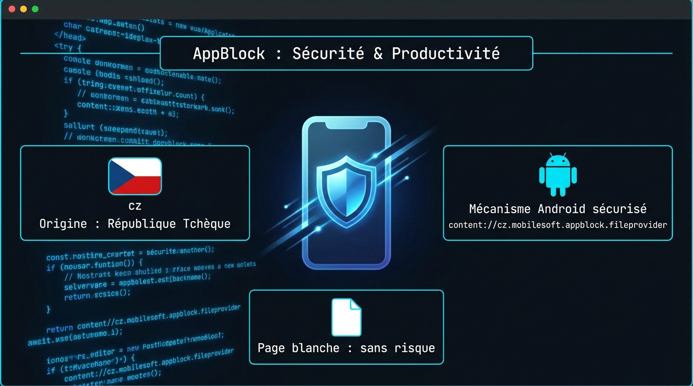 Interface de l'application AppBlock montrant les options de blocage pour la productivité