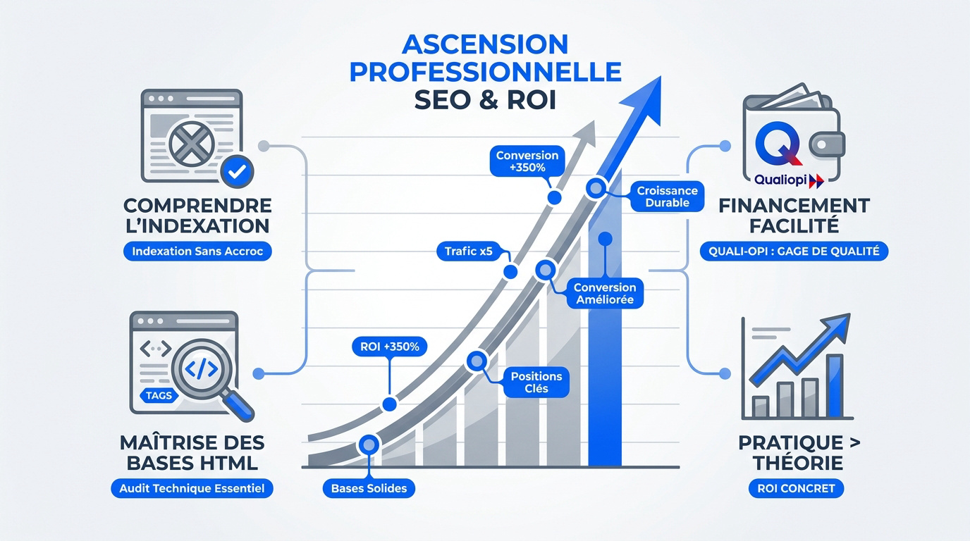 Graphique illustrant l'ascension du ROI grâce à l'expertise SEO technique