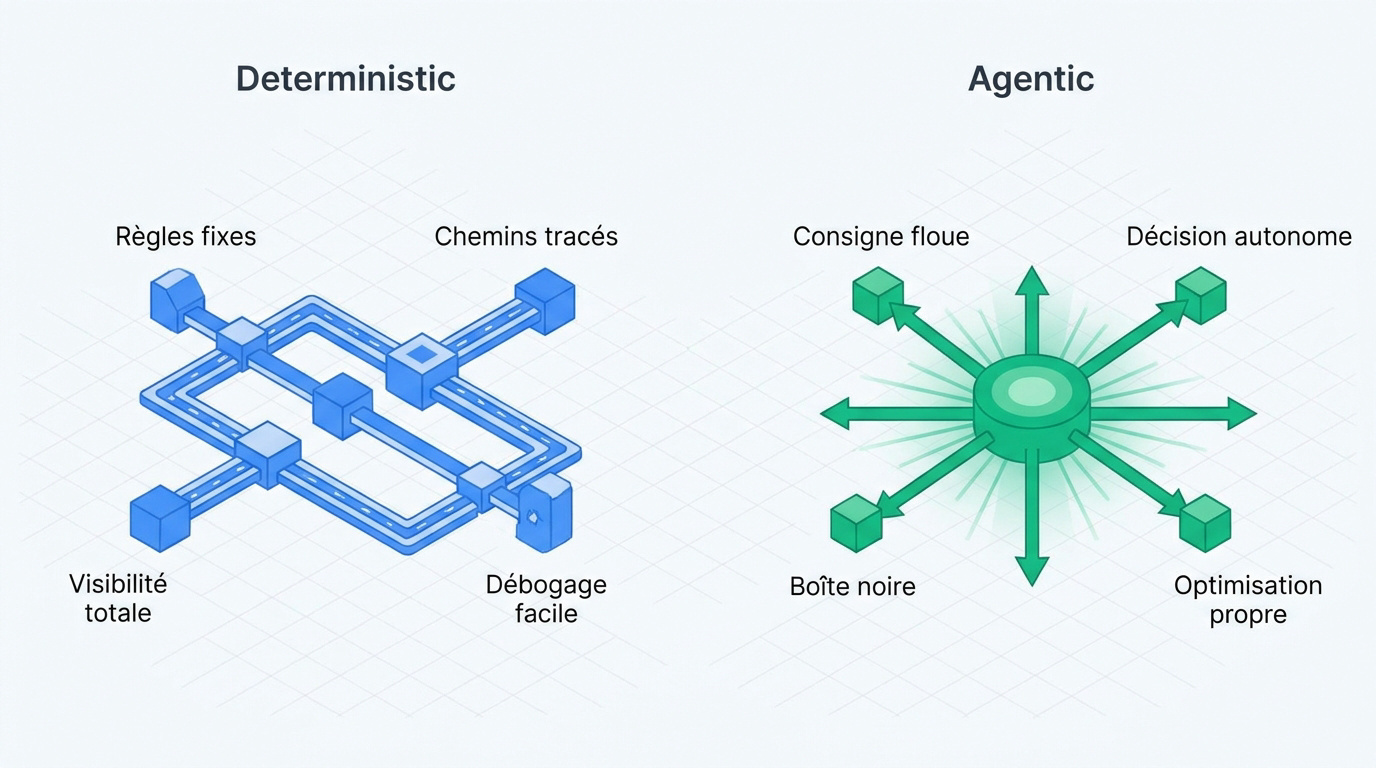 Comparaison visuelle entre les flux de travail déterministes et les agents autonomes