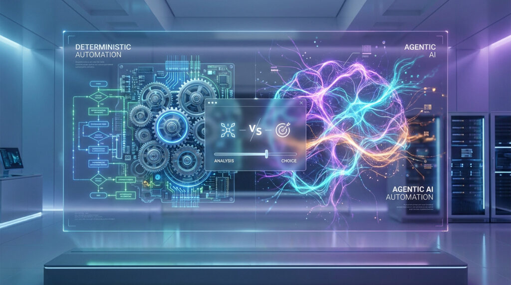 Interface futuriste comparant des rouages mécaniques symbolisant l'automatisation déterministe à un cerveau lumineux.