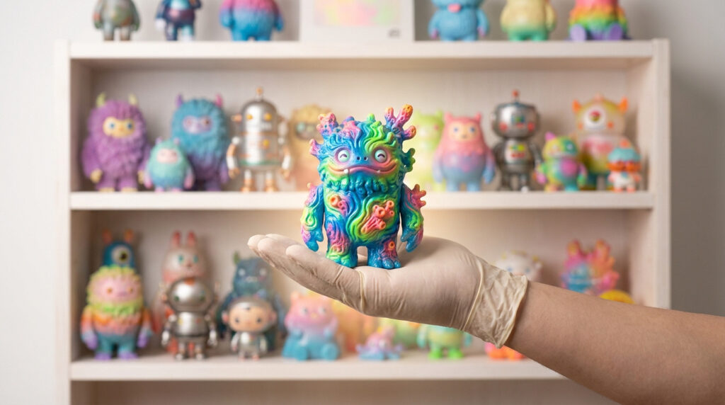 Main gantée présentant une figurine Labubu colorée et texturée devant une étagère remplie de jouets Pop Mart.