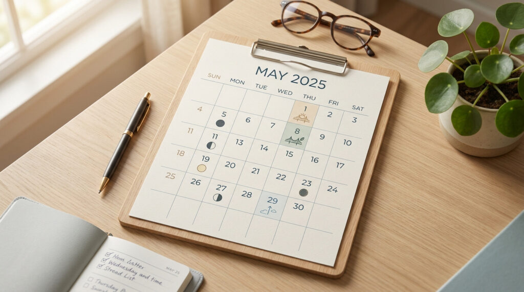 Calendrier de mai 2025 sur un presse-papier en bois avec stylo, lunettes et plante sur un bureau en bois clair.