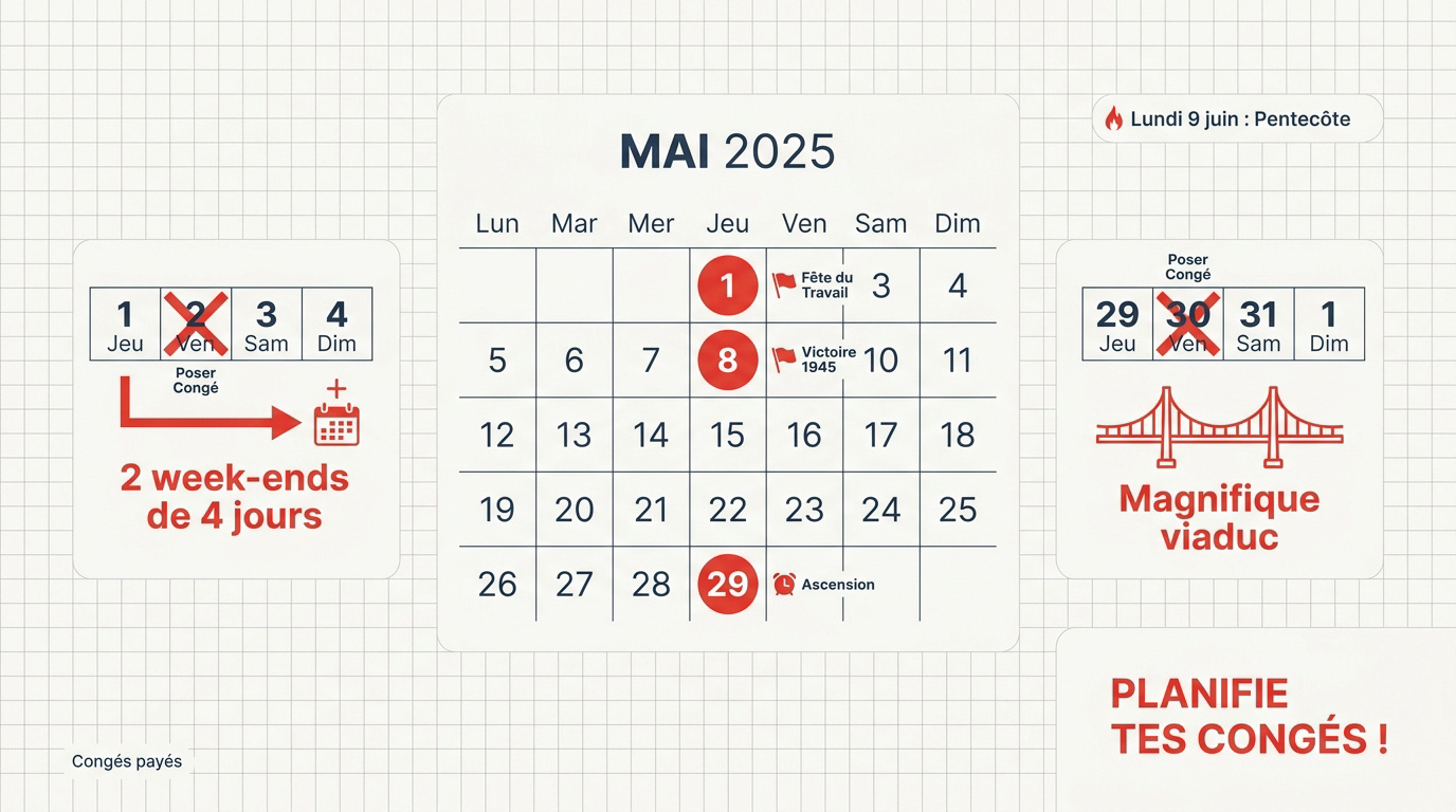 Calendrier mai 2025 avec jours fériés et opportunités de ponts
