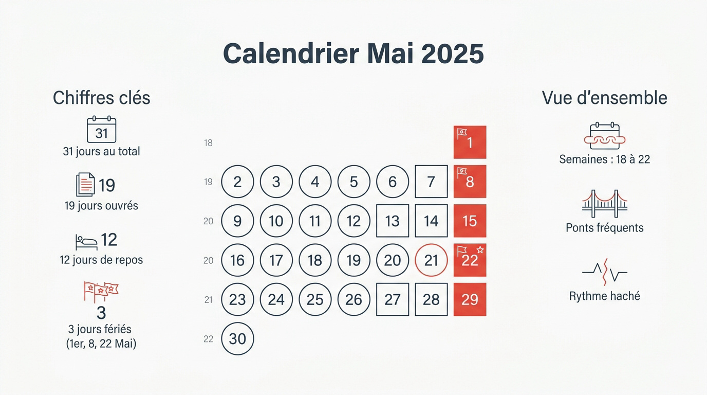 Vue d'ensemble statistique du calendrier de mai 2025
