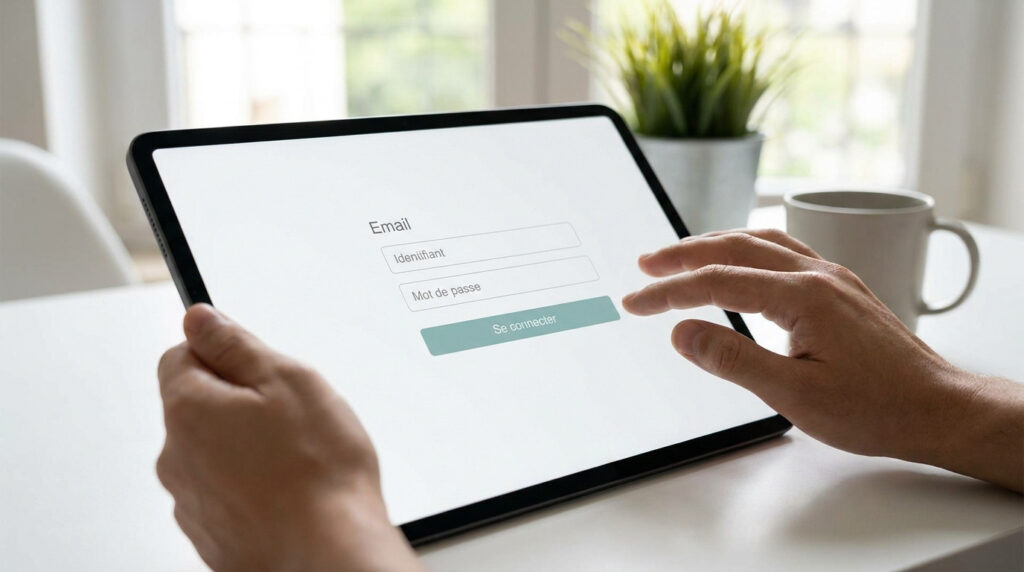 Mains tenant une tablette avec une page de connexion e-mail affichée à l'écran.