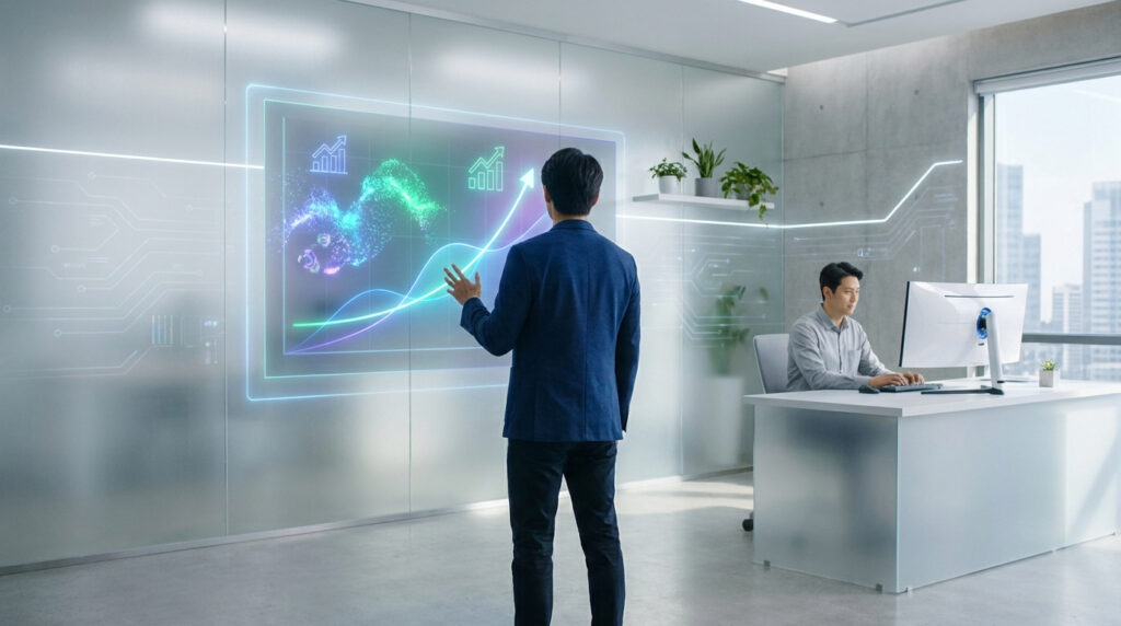 Un professionnel analysant des graphiques de performance sur un écran holographique interactif dans un bureau moderne.