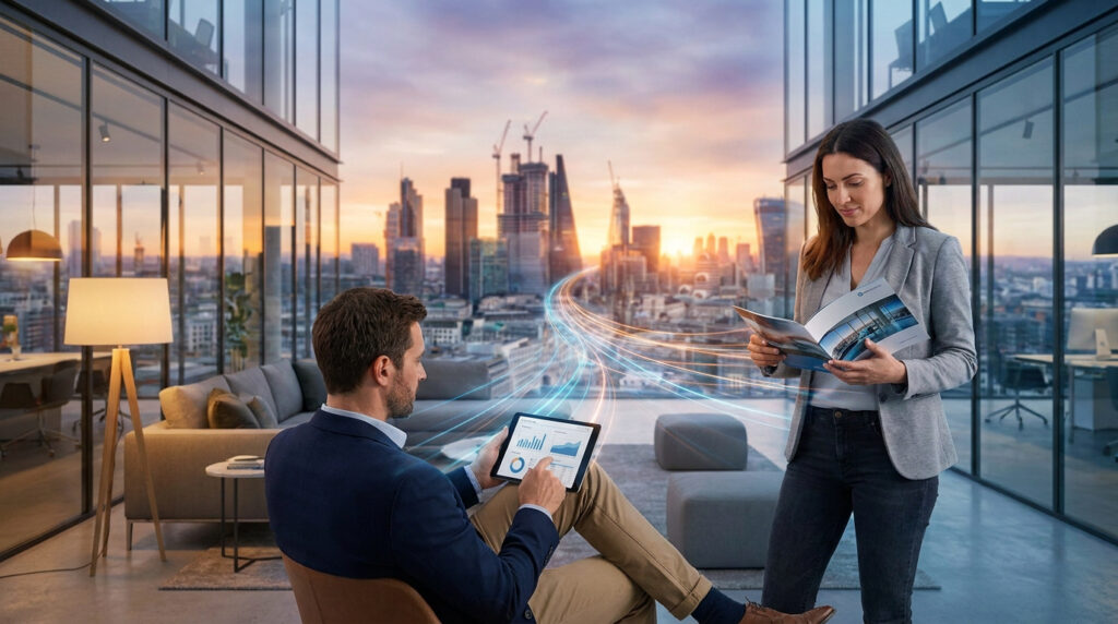Deux professionnels analysent des données avec des flux numériques connectant leur bureau à une ville moderne.