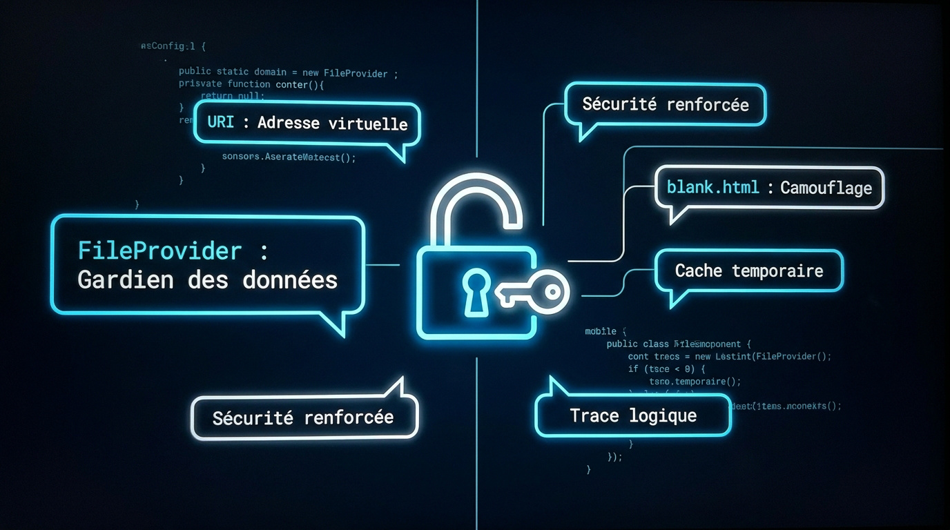 Schéma explicatif du fonctionnement sécurisé du FileProvider sur Android