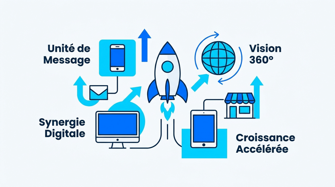 Fusee symbolisant la croissance d'une entreprise grace a une vision marketing 360 et la synergie des canaux digitaux