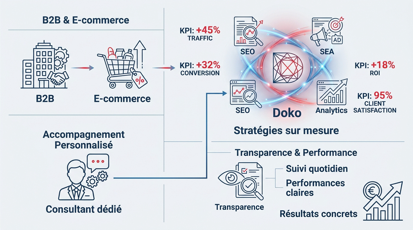 Infographie présentant les stratégies webmarketing sur mesure de l'agence Doko