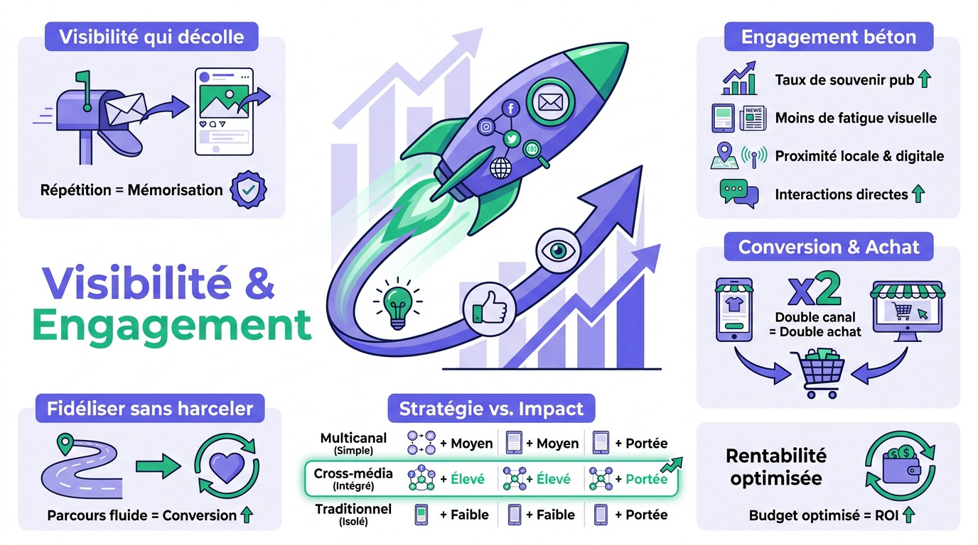 Infographie montrant les avantages du marketing cross-média pour la croissance des entreprises