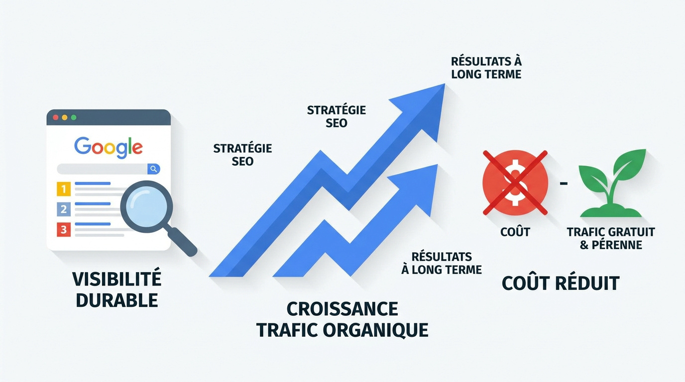 Infographie expliquant la croissance du trafic et la visibilité durable grâce aux services SEO