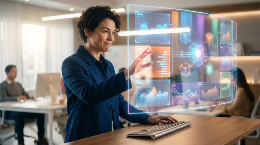 Une femme interagit avec une interface holographique futuriste affichant des données et des graphiques.