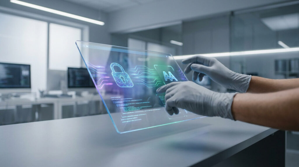 Mains avec gants manipulant une interface holographique affichant un cadenas et le logo AA pour la sécurité informatique.