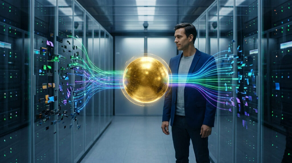 Un homme en costume observe une sphère dorée lumineuse qui centralise des flux de données dans un centre de serveurs.