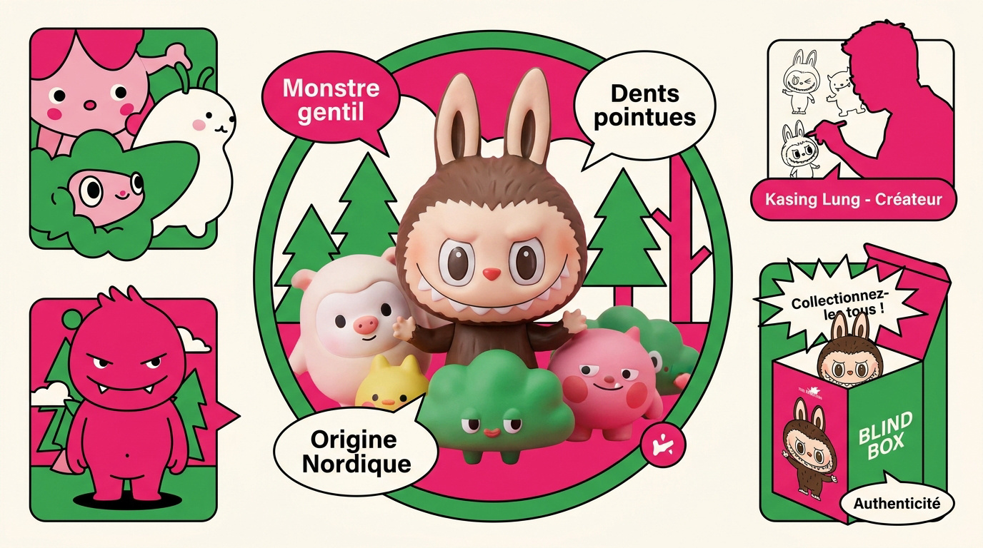 Figurine Labubu de Pop Mart créée par Kasing Lung entourée de personnages The Monsters
