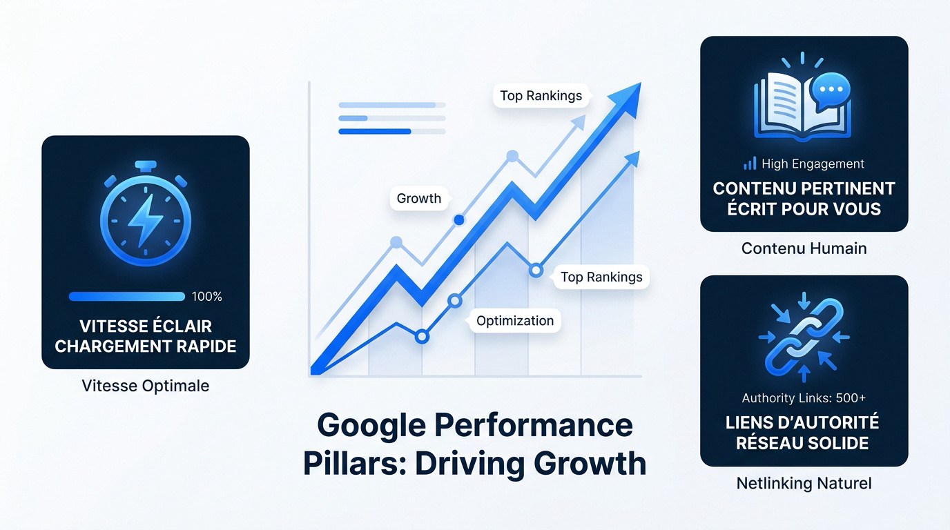 Schéma des piliers de la performance SEO pour la croissance en ligne