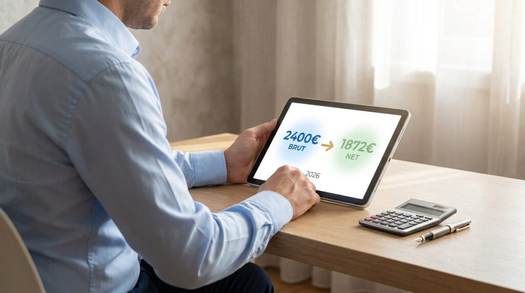 Homme consultant sur tablette une conversion de salaire passant de 2400€ brut à 1872€ net.