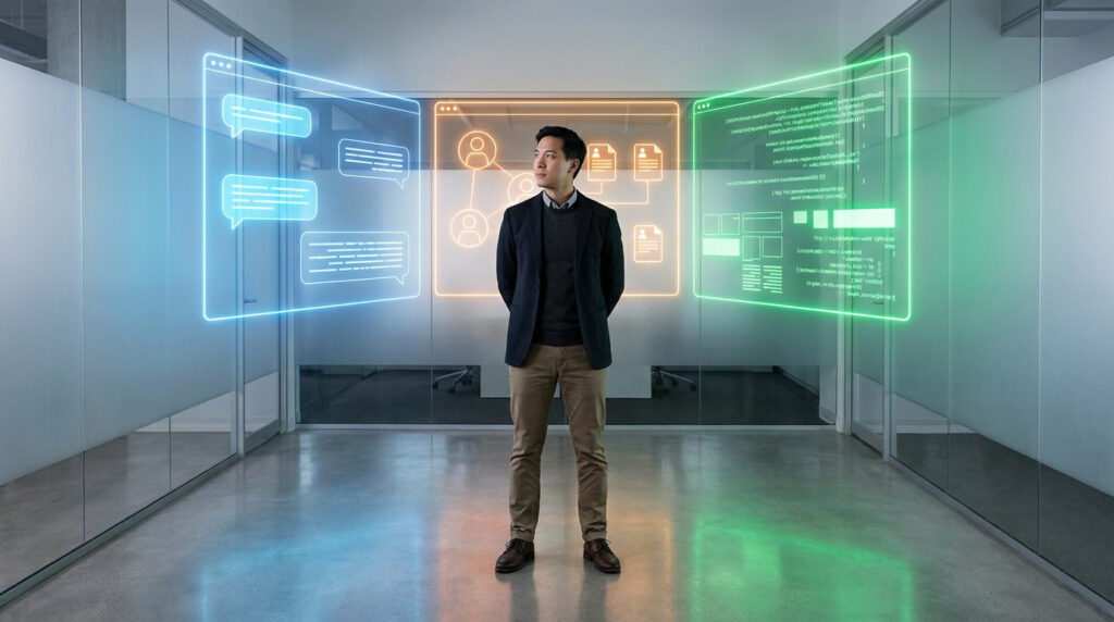 Un homme d'affaires debout devant trois écrans holographiques flottants représentant le chat, le travail et le code.