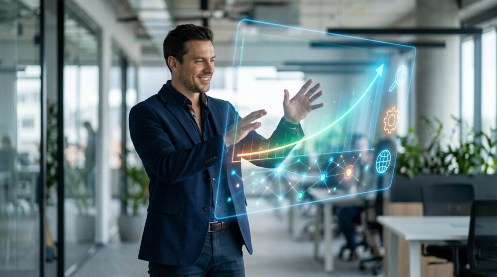 Un professionnel en costume utilisant une interface numérique holographique pour analyser des graphiques de croissance.