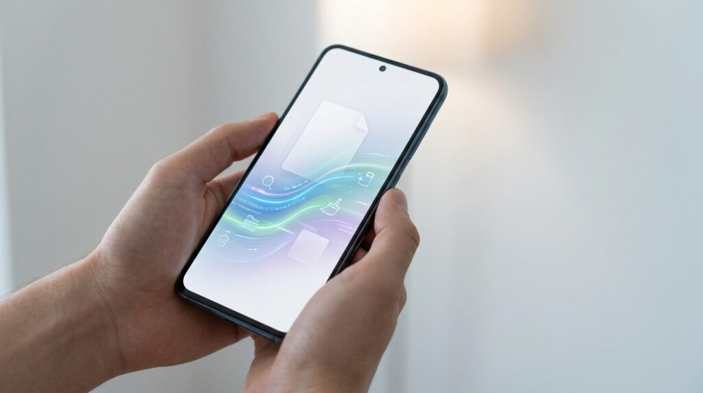 Mains tenant un smartphone affichant une interface abstraite de gestion de fichiers avec des icônes minimalistes.
