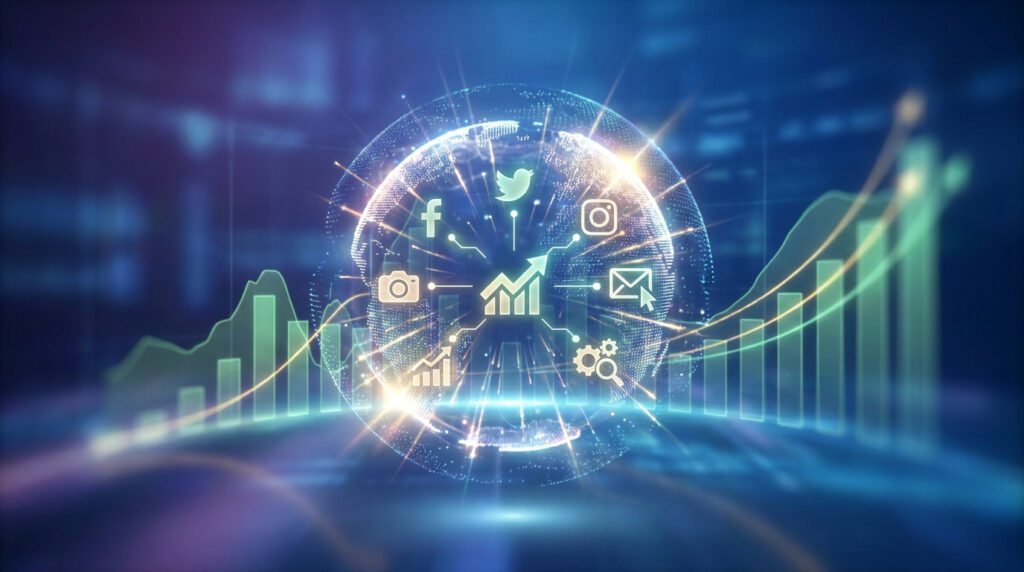 Globe numérique entouré d'icônes de réseaux sociaux et de graphiques de croissance financière.