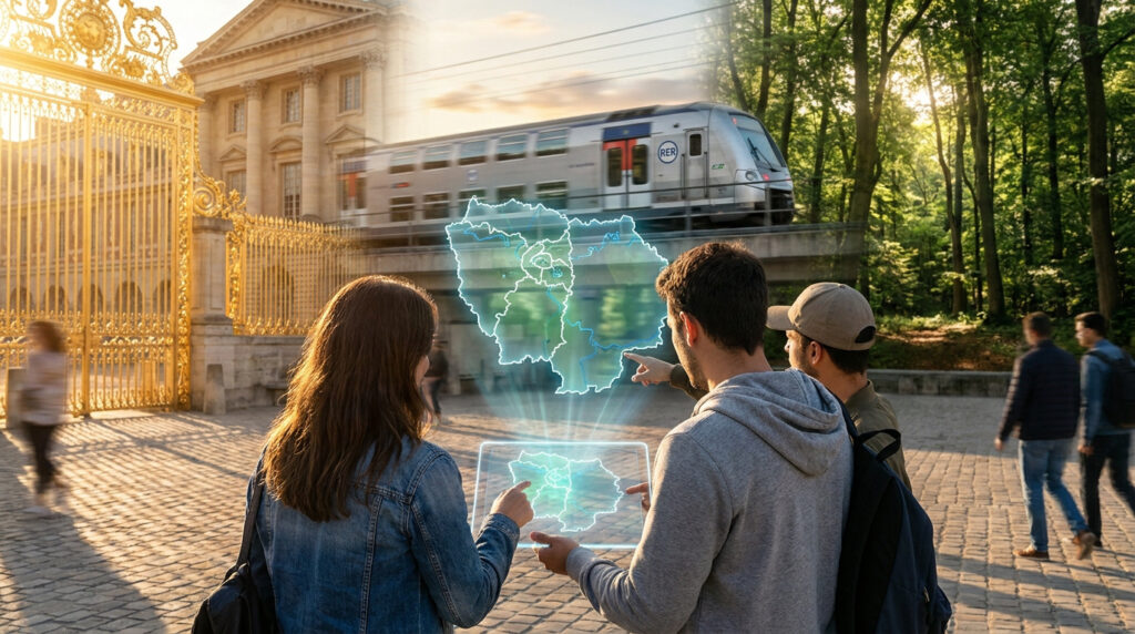 Des jeunes utilisent une tablette affichant une carte interactive de l'Île-de-France devant le château de Versailles.