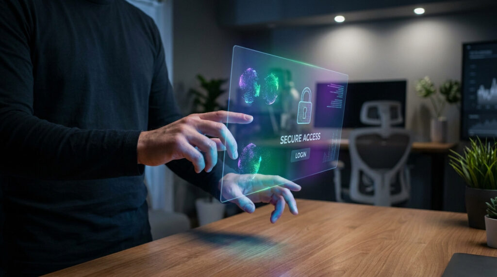 Une personne utilisant une interface holographique futuriste pour se connecter à un compte sécurisé.