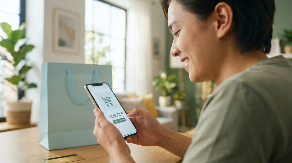 Une personne souriante utilise son smartphone pour appliquer une réduction de 15% lors d'un achat en ligne.