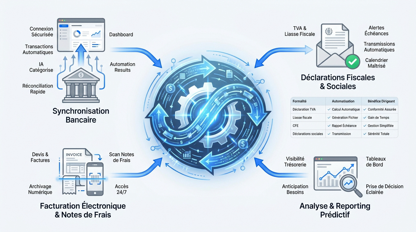 Interface moderne affichant l'automatisation des flux financiers et comptables