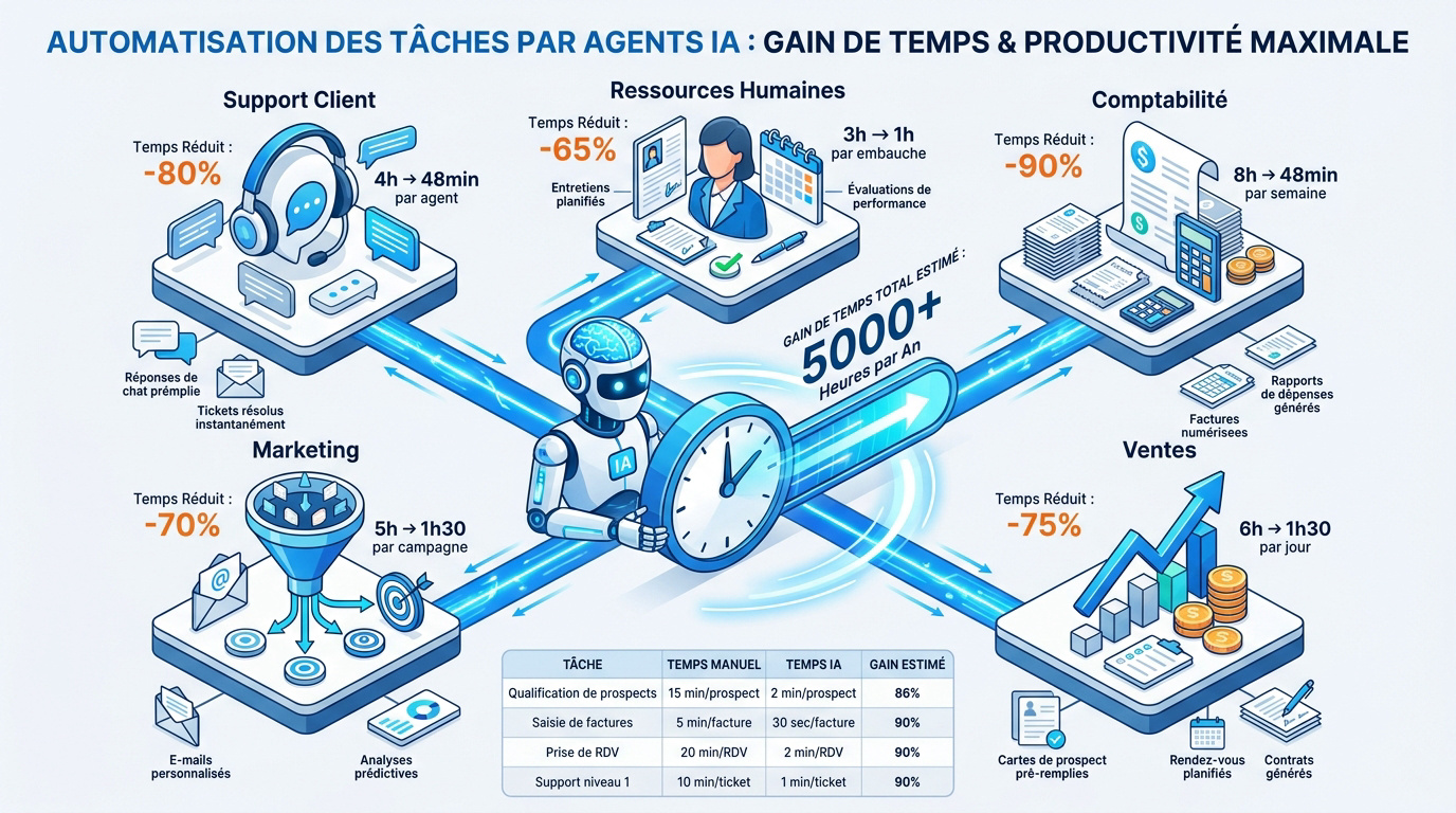 Schéma montrant le gain de productivité grâce à l'automatisation par agent IA