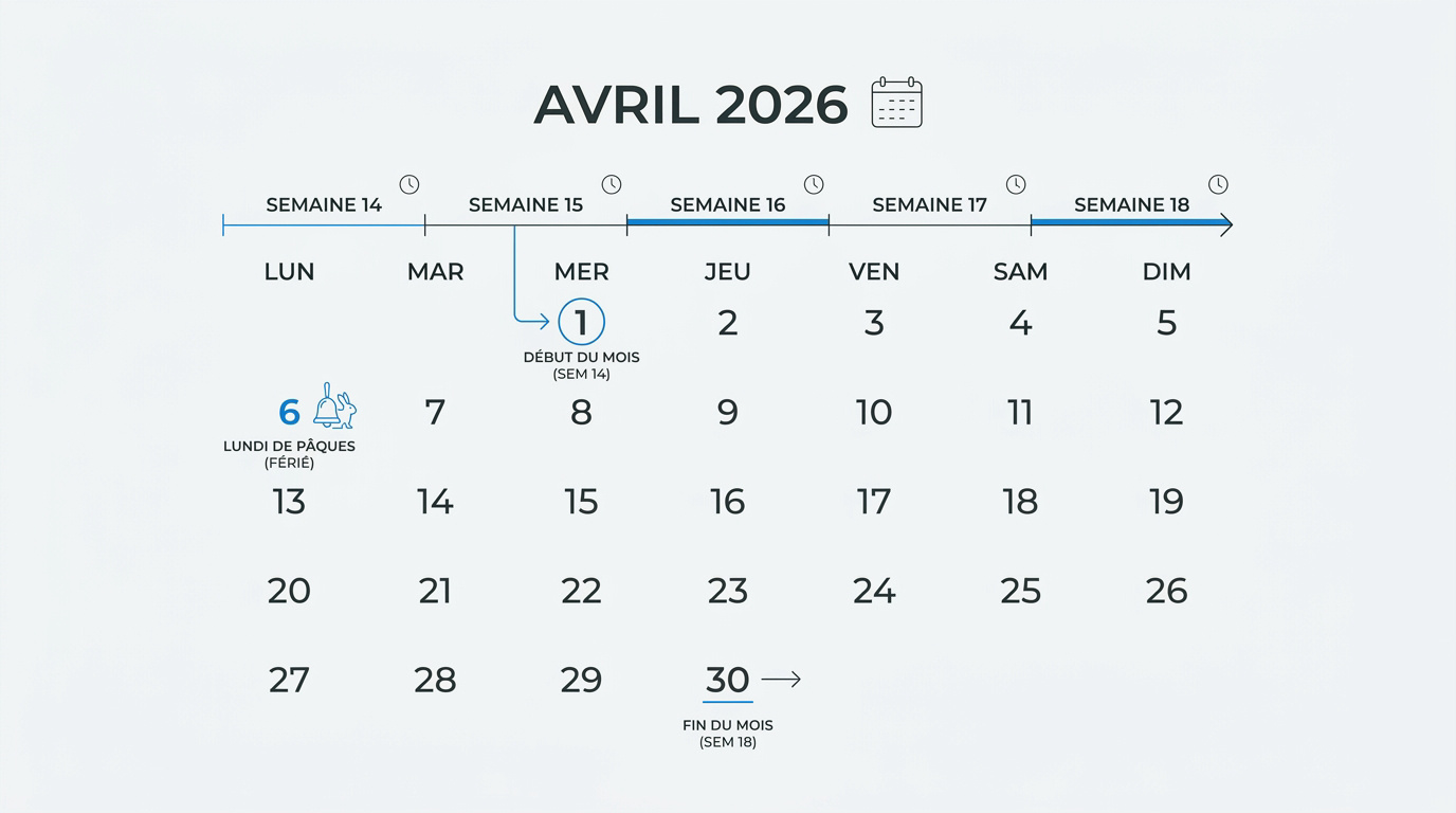 Calendrier épuré du mois d'avril 2026 pour une organisation optimale