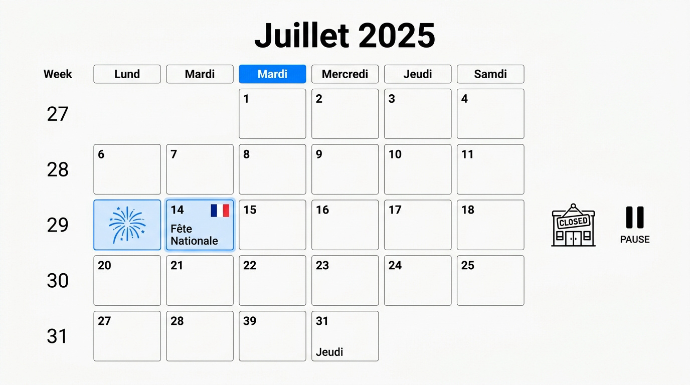Calendrier minimaliste du mois de juillet 2025 avec jours fériés