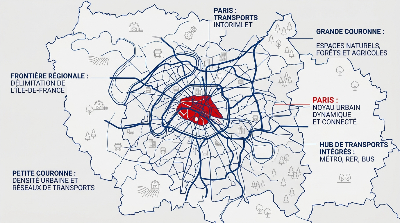 Carte administrative de l'Île-de-France détaillant Paris, la petite et la grande couronne