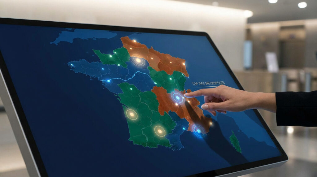 Main utilisant un écran tactile interactif affichant une carte numérique stylisée de la France avec des points lumineux.