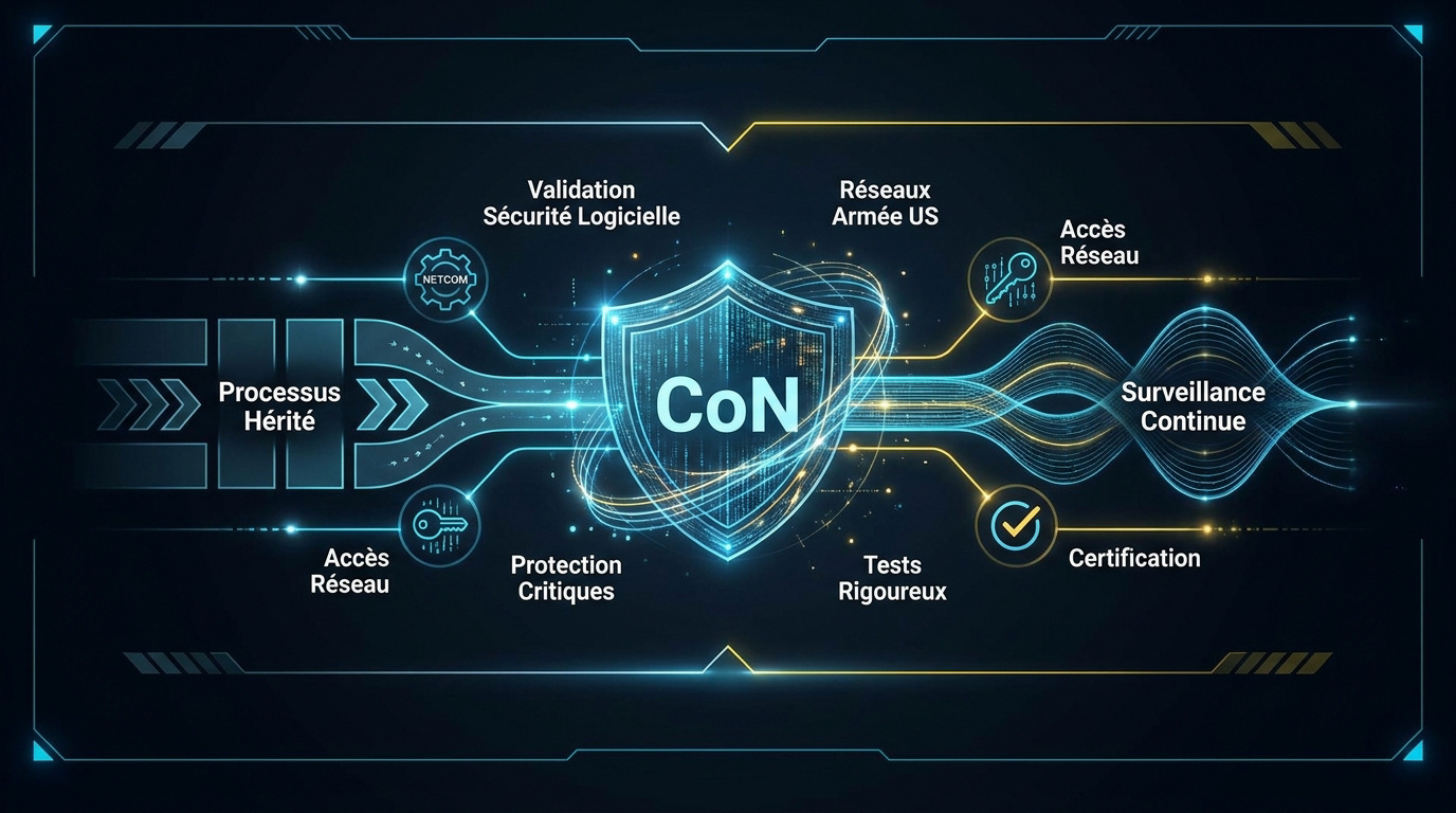 Représentation de la cybersécurité militaire et du processus de certification CoN