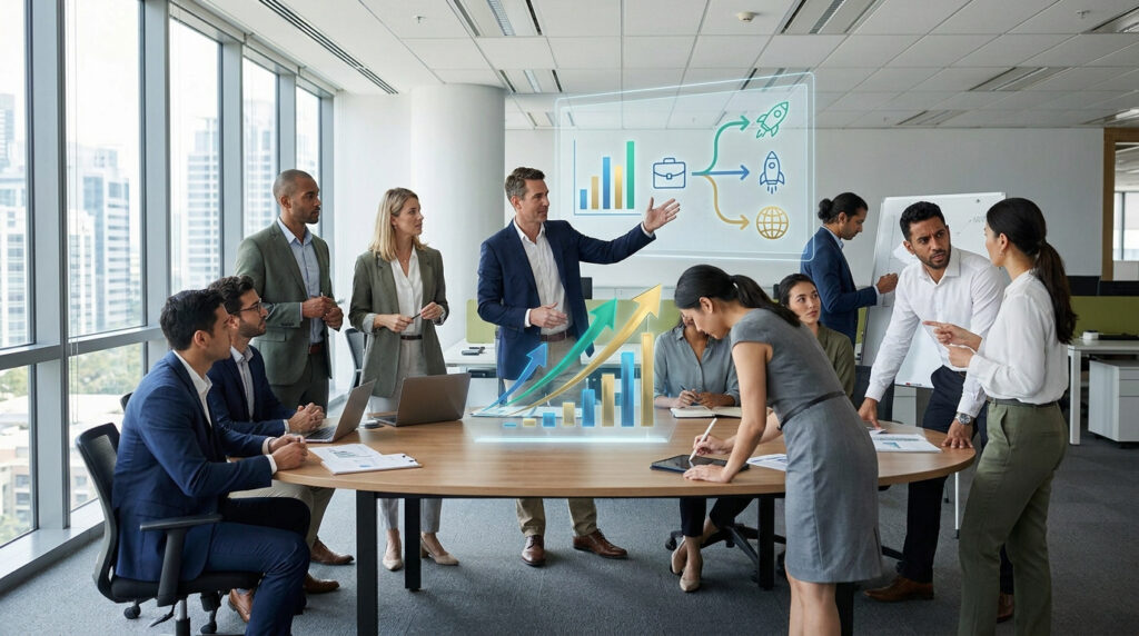 Une équipe professionnelle analyse des graphiques de performance holographiques lors d'une réunion de travail moderne.