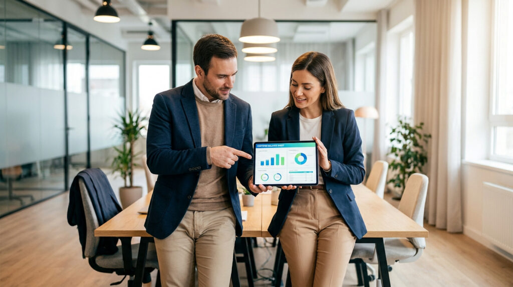 Deux professionnels analysant un tableau de bord financier sur une tablette dans un bureau moderne.