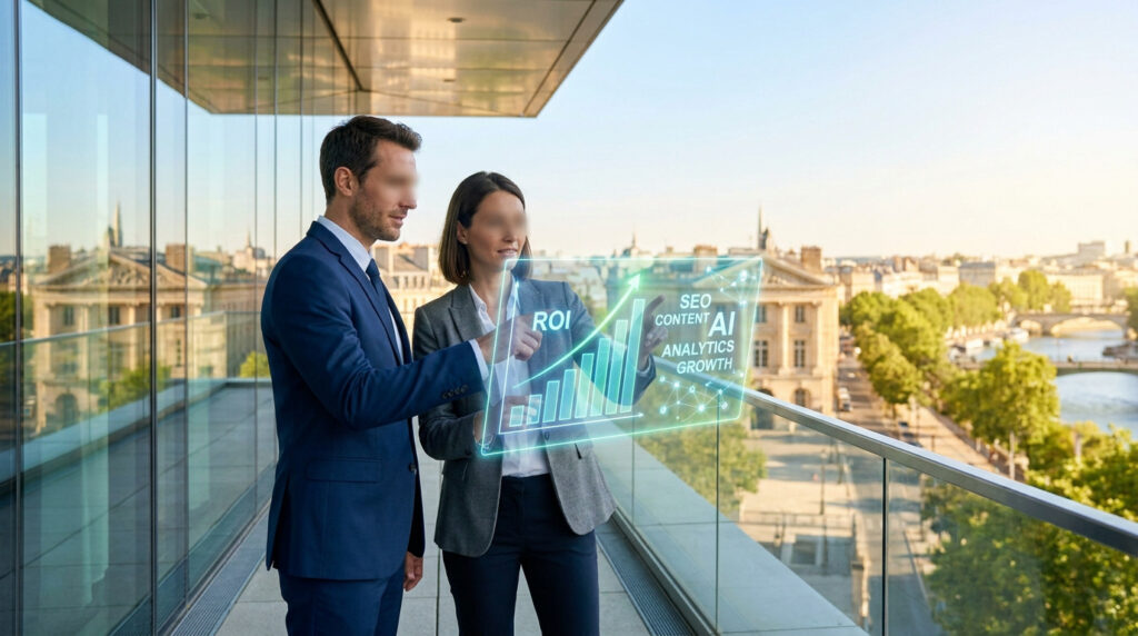 Deux professionnels analysant des données marketing sur une interface holographique avec Bordeaux en arrière-plan.
