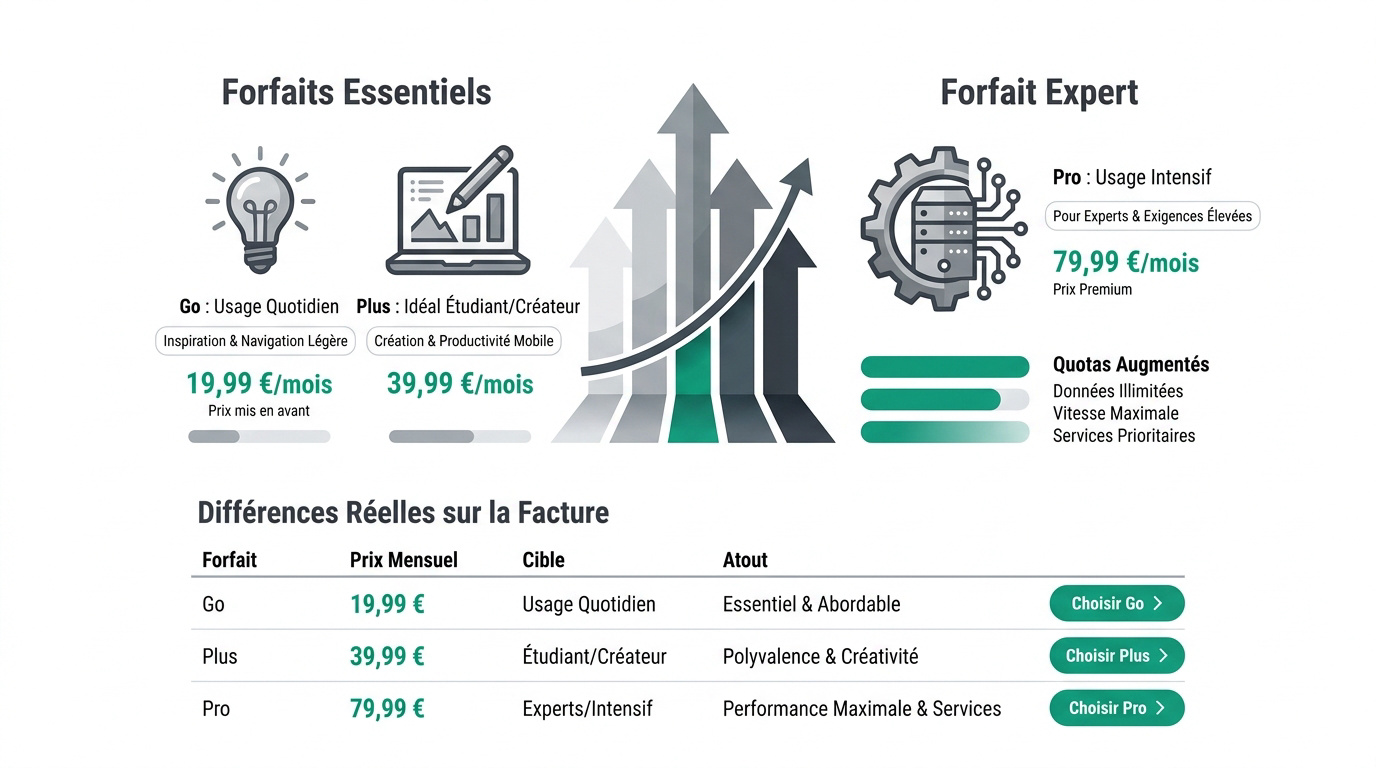 Tableau comparatif des prix et fonctionnalités des abonnements ChatGPT Free, Go, Plus et Pro