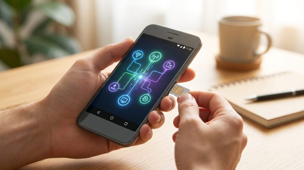 Mains insérant une carte SIM dans un smartphone affichant des icônes de connectivité lumineuses.