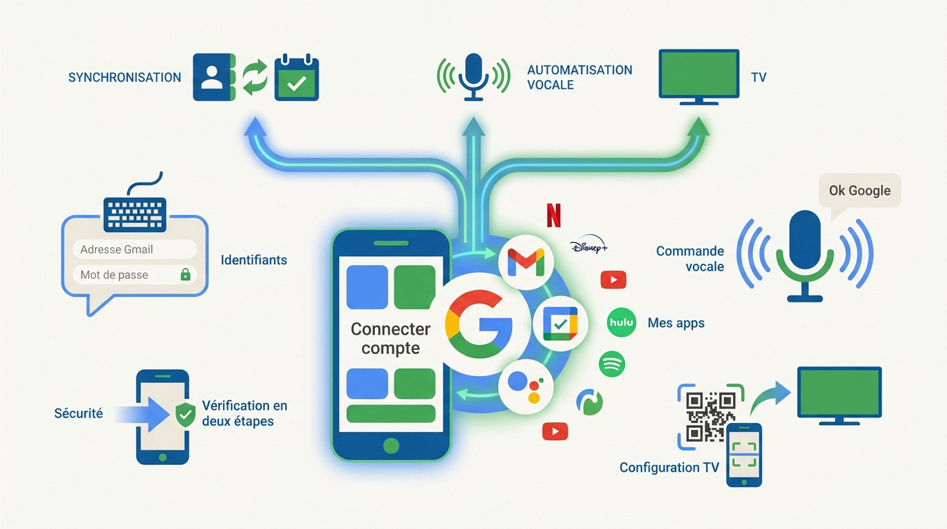 Illustration de la synchronisation d'un compte Google sur plusieurs appareils connectés