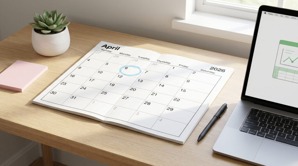 Un calendrier ouvert sur le mois d'avril 2026 posé sur un bureau en bois, près d'un ordinateur portable et d'une plante.