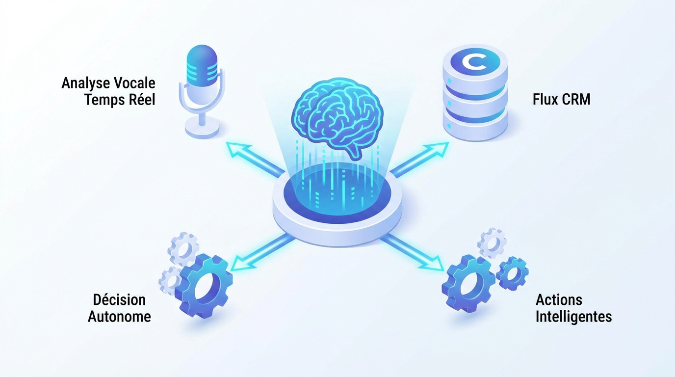 Schéma d'un agent IA analysant des données vocales et CRM pour prendre des décisions autonomes