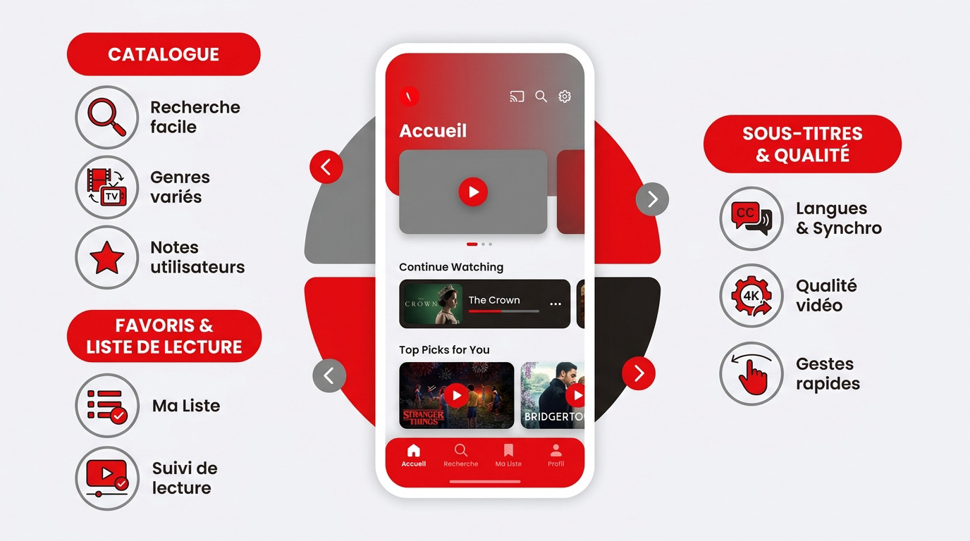 Interface moderne de l'application de streaming OneTouch TV présentant des catégories de films et séries