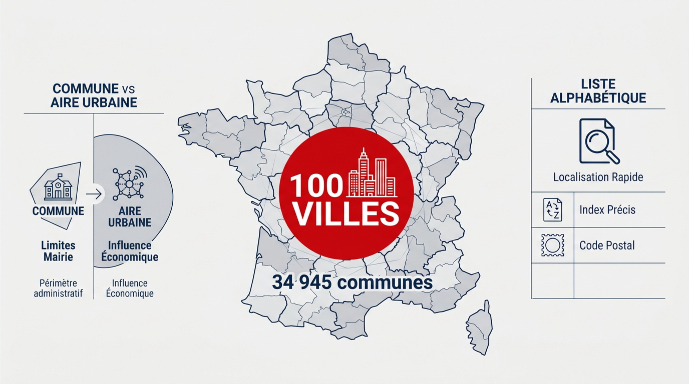 Infographie montrant la répartition des 34 945 communes et des 100 principales villes sur la carte de France