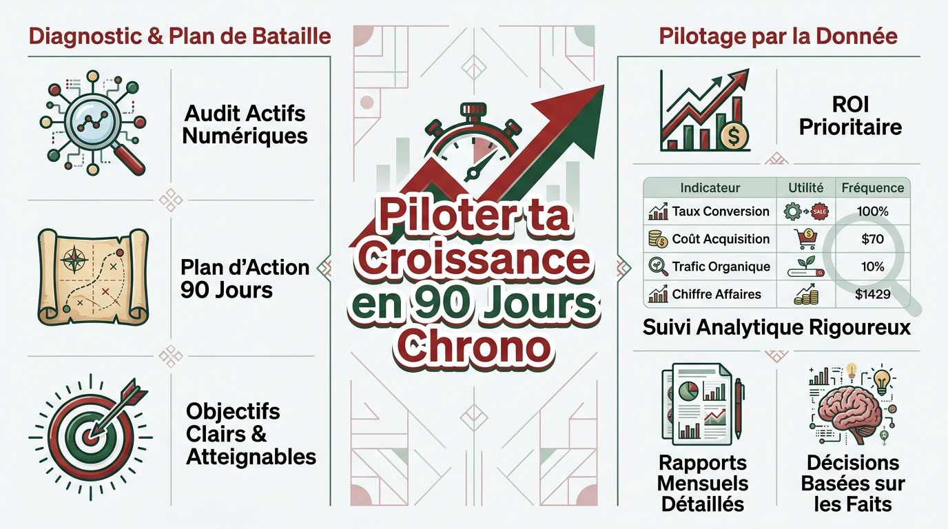 Infographie détaillant les étapes clés pour piloter la croissance d'une entreprise en 90 jours