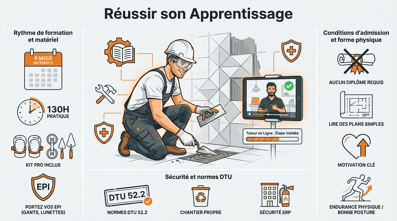 Infographie expliquant comment organiser son apprentissage en carrelage pour réussir sa formation