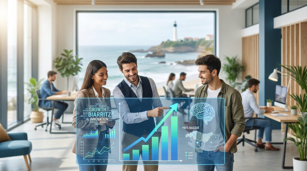 Équipe marketing travaillant sur une interface numérique interactive avec vue sur le phare de Biarritz.