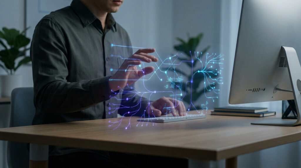 Un homme travaillant sur un ordinateur avec une interface holographique de réseau de données projetée devant lui.